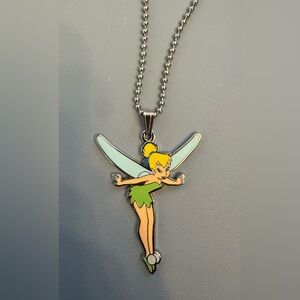 Disney Tinkerbell Metal Enamel Pendant Chain Vintage Necklace Silver Tone - New